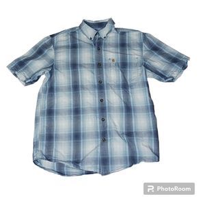 Carhartt Men's Relaxed Fit Button‎ Down Short Sleeve Blue Plaid Shirt Medium